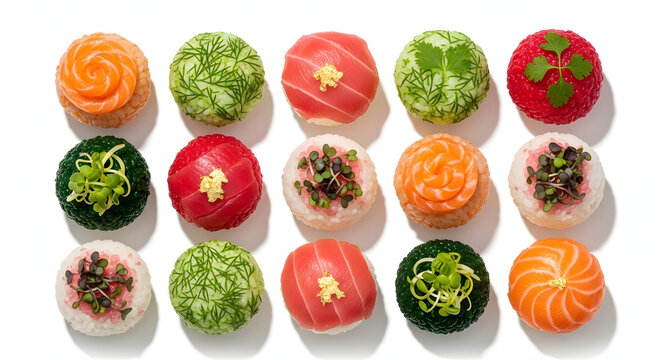 Colorful temari sushi balls arranged in a modern geometric pattern isolated on a pure white background