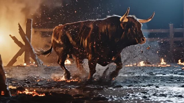 Powerful black bull running through fire and smoke at night. Angry animal charging on muddy ground. Powerful beast with horns runs fast in fire. Aggressive bull shows wild strength and running power.