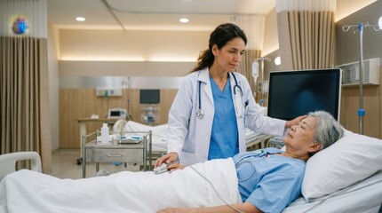 Fototapeta premium Compassionate female doctor providing gentle care and support to an elderly patient in a modern hospital room, focusing on professional healthcare and the doctor-patient relationship.