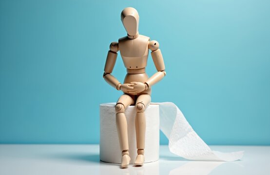 Wooden mannequin figure sits on toilet paper roll with stomach pain. Concept for constipation or digestive issues. Mannequin on wc paper relates to health problems and discomfort.
