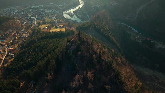 Aerial Drone View of Alpine Town Hieflau with Enns River and Forested Mountains, Styria, Austria