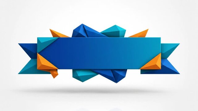 Abstract geometric 3D animation with blue, cyan, and orange faceted shapes forming a rectangle logo or title frame