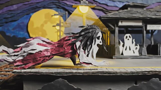A surreal animated scene featuring a ghostly figure on a train platform under a large moon, surrounded by a dramatic, colorful sky
