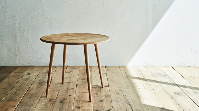 Minimal interior with round wooden table and natural sunlight, clean product display background、自然光が差し込む丸い木製テーブルのあるミニマルな室内空間、商品展示用背景