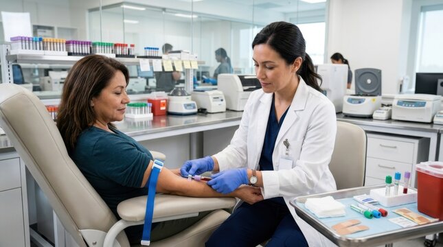 A phlebotomist carefully draws a blood sample from a female patient's arm for diagnostic testing in a sterile, modern medical laboratory setting.