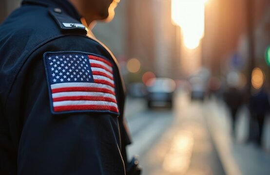 Law enforcement officer wearing American flag patch on uniform. Officer stands on city street at sunset, blurred background shows traffic and pedestrians. Represents patriotism service and duty.