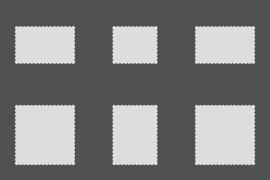 Blank postage stamp templates with perforated edges, set of 6 light gray mail stamp frames on dark background, minimalist philately collection for postal design and correspondence mockups
