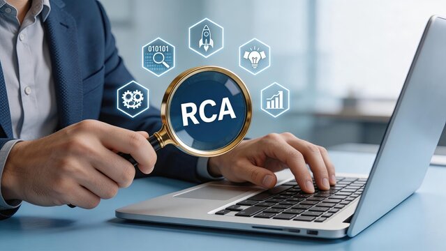 Businessman Analyzing Root Cause Analysis RCA Concept On Laptop Screen With Magnifying Glass Data Investigation Problem Solving Strategic Planning Corporate Research Digital