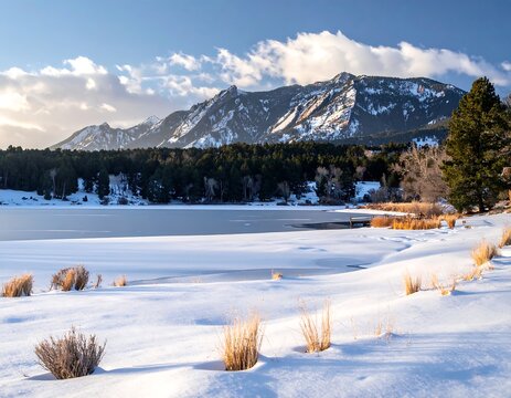 A serene winter landscape with snow-covered mountains and a frozen lake