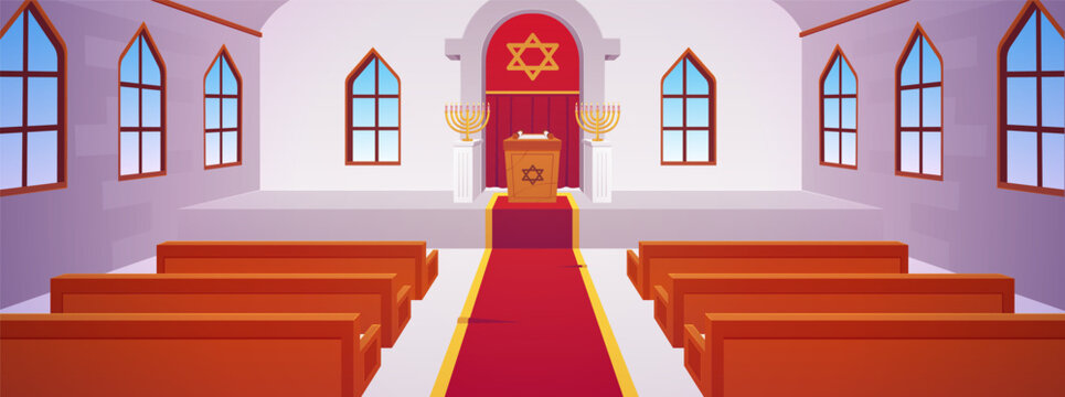 Empty synagogue interior with benches, an altar with an aron kodesh, and a Star of David.