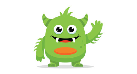 Fototapeta premium Friendly green monster character with horns and a large orange belly waving its hand with a happy smile on a white background.