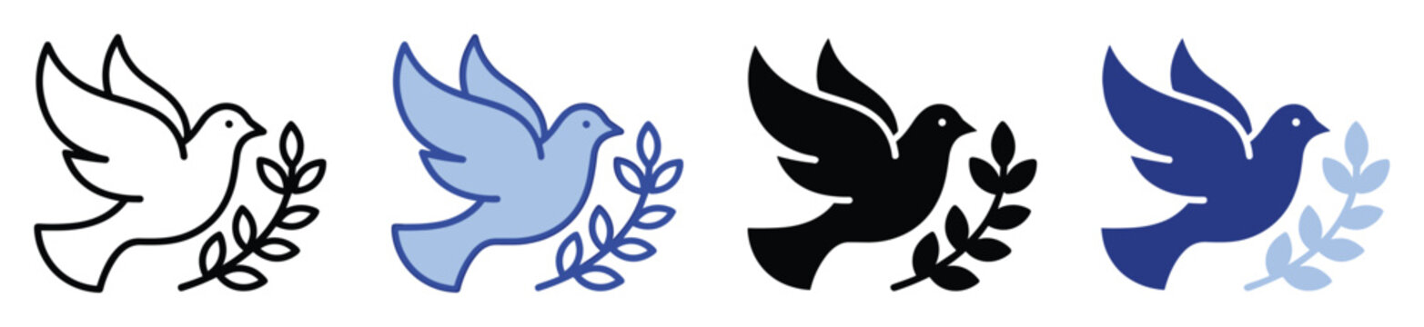 Peace dove holding an olive branch in various styles suitable for religious, spiritual, or political communication and graphic design projects