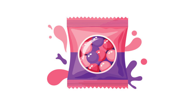 Bag of colorful round gumballs or candies in shades of pink and purple with liquid splashes in the background for sweets.