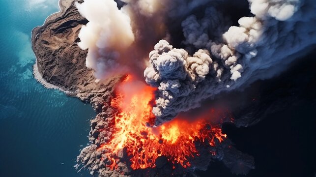 火山の噴火、上空から見た黒煙を出す火山島