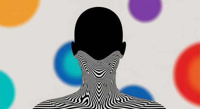Abstract facial recognition and digital privacy protection. Masked identity in the social media era. Human head silhouette with zebra pattern lines and bokeh circles