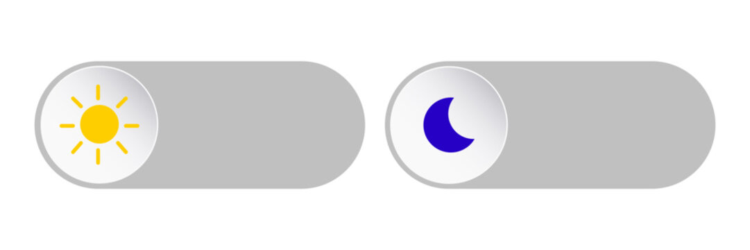 3D day-night toggle switch set with sun and moon icons. UI button collection for light and dark mode interface design with slider elements on white background.