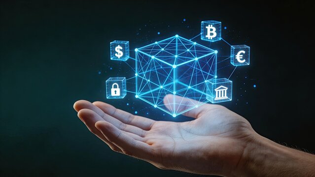 Hand holding glowing blockchain cube with crypto symbols bitcoin ethereum dollar euro lock bank security fintech digital currency decentralized network virtual economy future