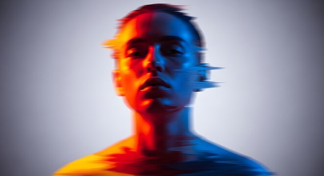 Digital glitch portrait with red and blue lighting. Human face distortion and data corruption. Person suffering from a sensory overload in a high speed virtual reality environment.
