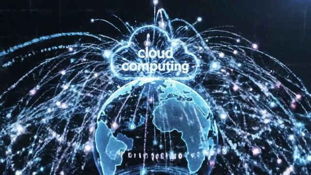 Futuristic cloud computing concept with a digital earth surrounded by a network of connections in dark space
