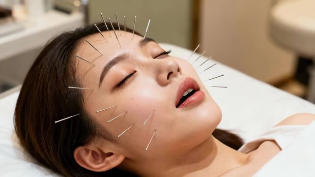 Asian Woman Undergoing Clinical Acupuncture Treatment, Needles Placed Across Forehead And Cheeks, Practitioner Monitoring In Clean Clinic Setting, Therapeutic Focus On Tension And Sinus Relief.