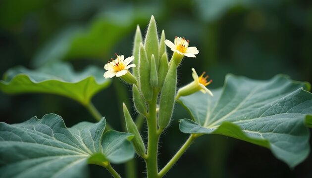 Close up of okra plant with buds flowers and fuzzy green pods growing outdoors. Large leaves and delicate yellow blooms on a stalk detail natural growth.