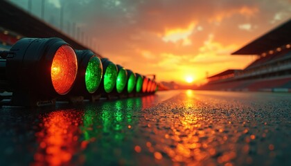 Obraz premium Race start lights glow on wet asphalt track at sunset. Green and red lamps signal beginning of motorsport event on circuit. Dramatic sky, reflections on wet surface.