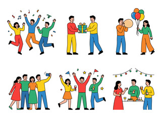 Fototapeta premium Festive people activity scenes set, characters dancing and giving gifts in flat style