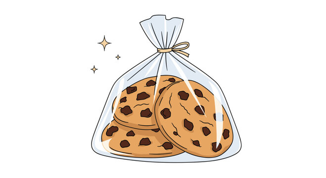 Transparent plastic bag filled with delicious chocolate chip cookies is tied with a string, representing a sweet homemade snack.