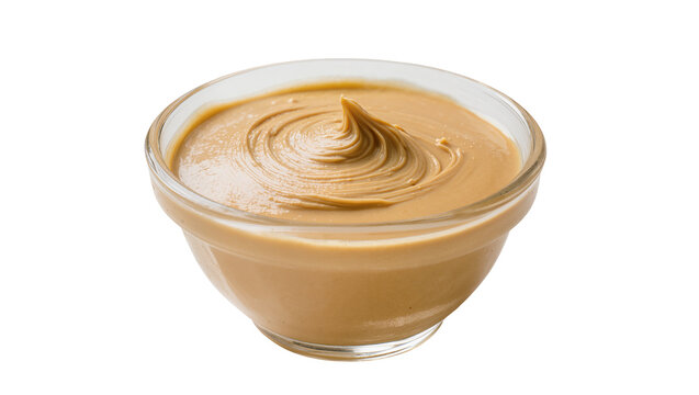 Smooth peanut butter swirled in a clear glass bowl, isolated on transparent background