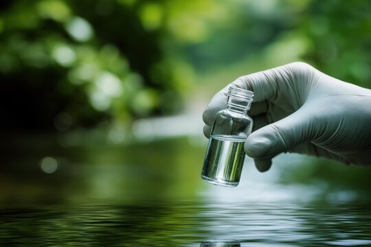 Scientist collecting water sample from river in test vial, environmental monitoring and water quality testing. Close up of gloved hand holding sample vial over stream analyzing pollution and ecosystem