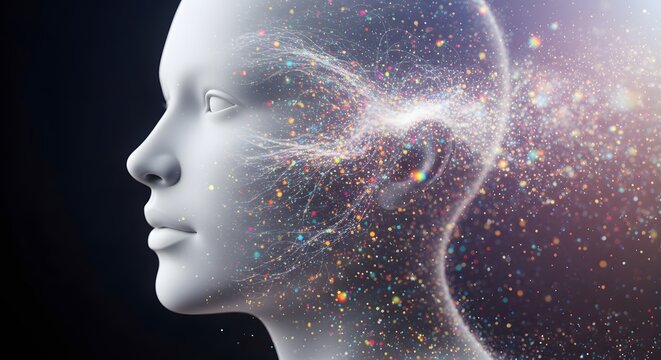Artificial intelligence profile with digital neural network particles. Machine learning and cognitive computing concept. Glowing human head silhouette representing mental processing