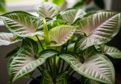 Detailed Close-up of a Syngonium Plant with Light Pink Accent on Leaves