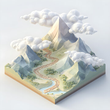 3D mountain landscape, isometric terrain, low poly mountains, winding road illustration