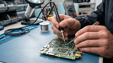 Close-up of a skilled technician repairing an electronic circuit board with a soldering iron