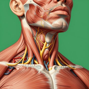 Anatomical Illustration of Human Neck Muscles and Nerves Showing Detailed Vascular System with Arteries and Veins on Green Background