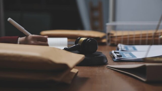 Law theme, mallet of the judge, law enforcement officers, evidence-based cases and documents taken into account.