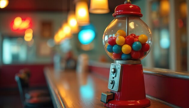 Red vintage gumball machine sits on bar counter in retro diner. Colorful candy balls fill glass globe. Soft bokeh lights create warm atmosphere.
