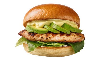 Juicy grilled chicken burger with avocado slices and lettuce, isolated on transparent background © Carlos