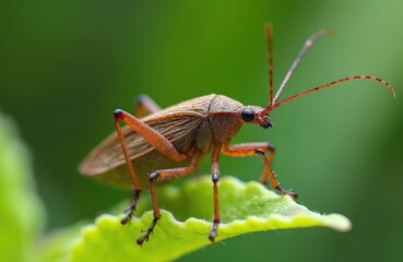 Fototapeta premium Brown insect with long antennae rests on bright green leaf. Macro shot shows bug detailed legs and body. Creature sits still on plant against soft bokeh background.