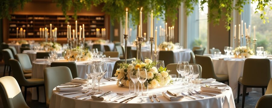 Elegant restaurant table setting with floral centerpiece and candles. Round tables draped in white tablecloths with glassware and cutlery prepared for a formal event or celebration.