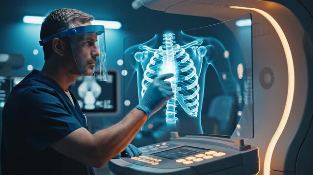 Medical technician examines holographic chest x-ray on futuristic scanner. Doctor analyzes ribcage hologram in hospital. Technician studies x-ray display. Medical professional views chest scan.