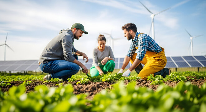 A team of modern farmers meticulously tending to their crops in a sunny field, powered by clean energy from solar panels and wind turbines, embodying sustainable agricultural innovation