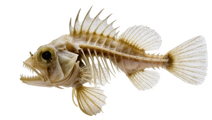 Detailed fish skeleton with sharp teeth and fins, isolated on transparent background © Carlos