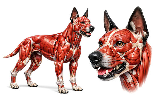 Canine anatomy medical illustration showing dog muscular system full body and head