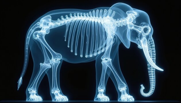 Elephant skeleton X ray style. Translucent blue bones on black background showing detailed anatomical structure. Mammal science biology illustration. Large pachyderm. Vertebrate anatomy study.