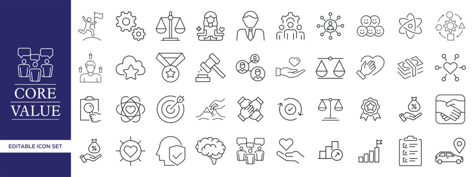 Core Values Line Icons Set, Editable Stroke Business Ethics, Leadership, Teamwork, Trust and Corporate Culture Outline Vector Collection
