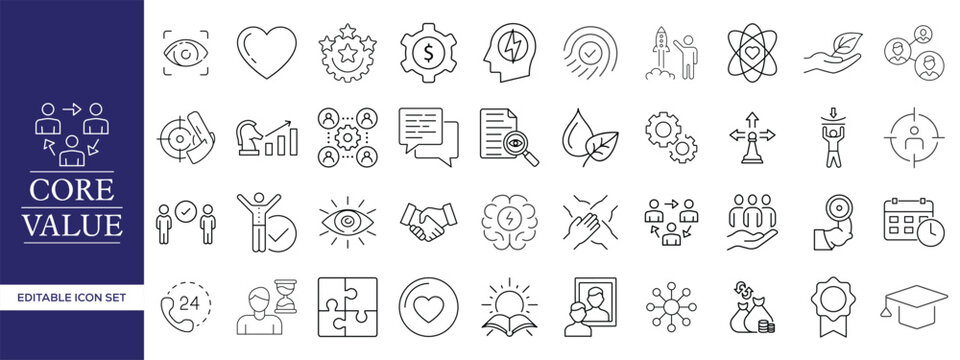 Core Values Line Icons Set, Editable Stroke Business Ethics, Leadership, Teamwork, Trust and Corporate Culture Outline Vector Collection