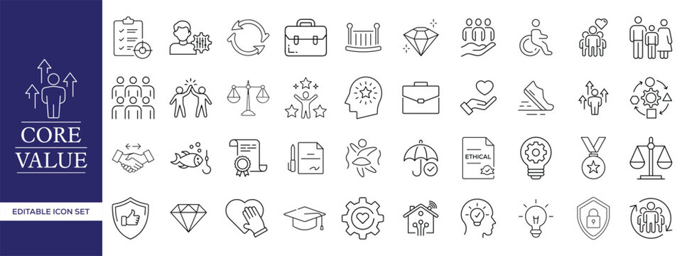 Core Values Line Icons Set, Editable Stroke Business Ethics, Leadership, Teamwork, Trust and Corporate Culture Outline Vector Collection