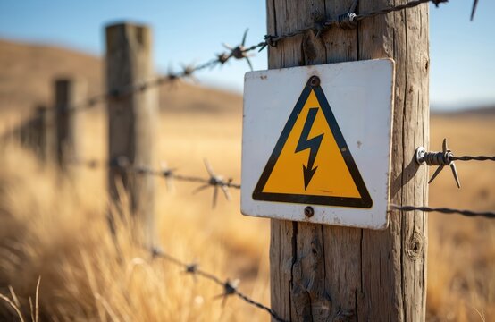 Yellow electric danger sign on wooden post with barbed wire fence. Dry grass surrounds perimeter indicating high voltage hazard in rural area. Clear sky overhead.