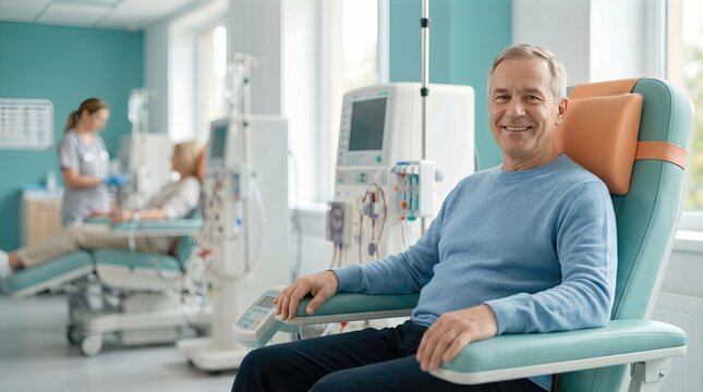 Male patient undergoing hemodialysis treatment in a modern hospital setting, seated comfortably in a medical chair with dialysis machines visible in the background